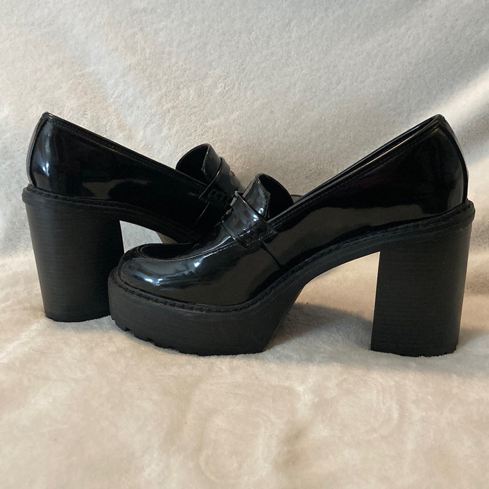 Madden Girl Black Patent Platform Block Heel Loafers